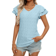 Women's European and American V-neck sweet short sleeved T-shirt hollowed out top