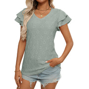 Women's European and American V-neck sweet short sleeved T-shirt hollowed out top