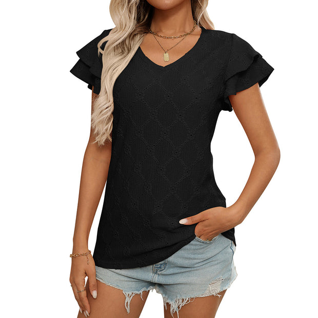 Women's European and American V-neck sweet short sleeved T-shirt hollowed out top