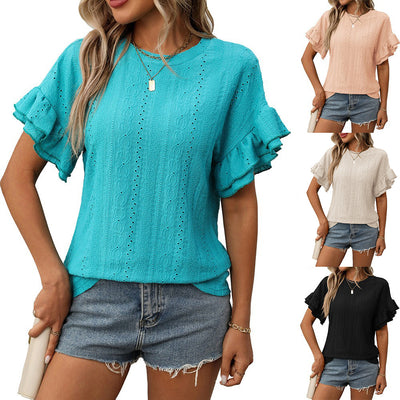 European and American round neck lotus leaf sleeve short sleeved T-shirt top