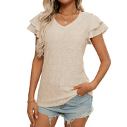 Women's European and American V-neck sweet short sleeved T-shirt hollowed out top