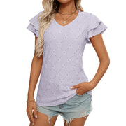 Women's European and American V-neck sweet short sleeved T-shirt hollowed out top